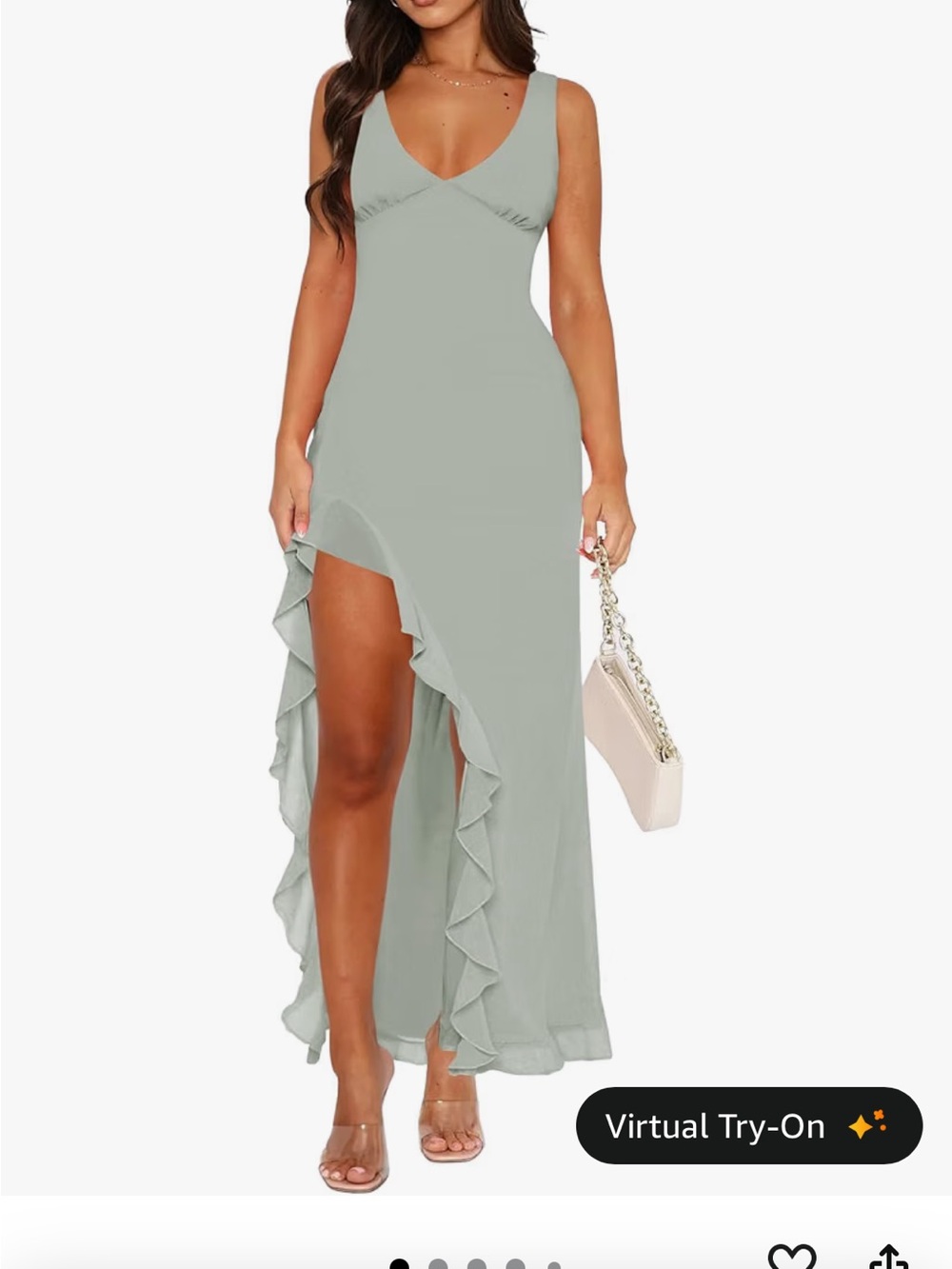 Sleeveless V-Neck Ruffle High-Slit Maxi Dress in Sage